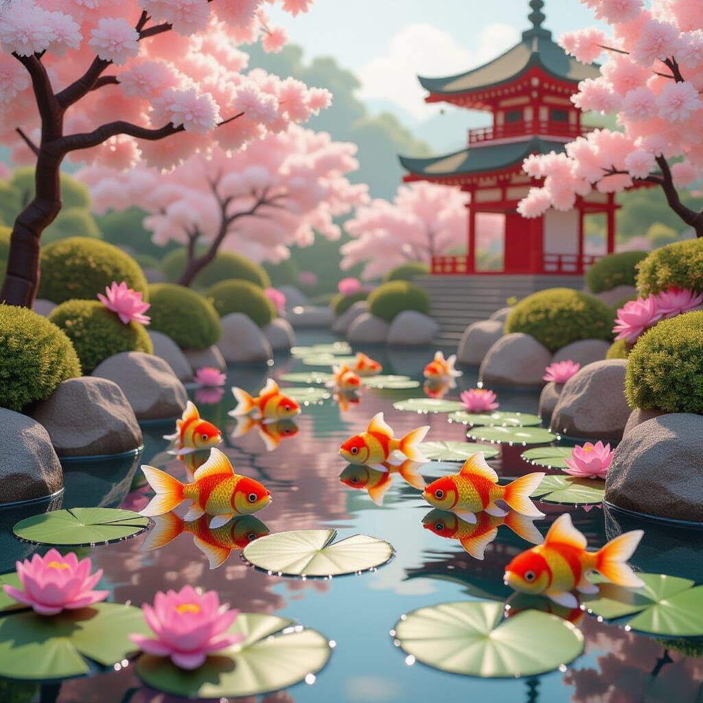 Pom-Pom Goldfish in Japanese Garden, Textile Art