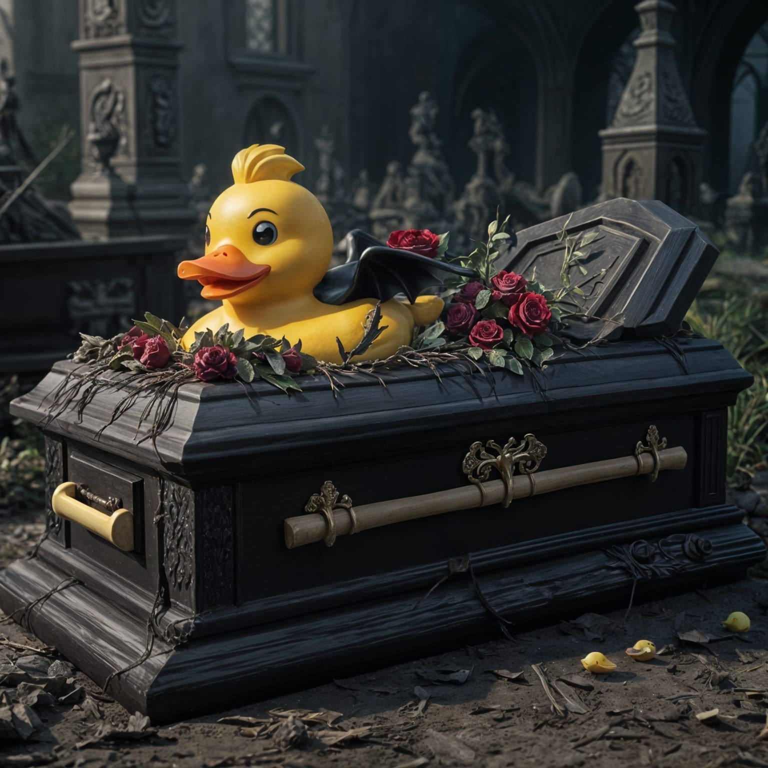 Vampire Rubber Duck Coffin Scene in Detailed Matte Painting