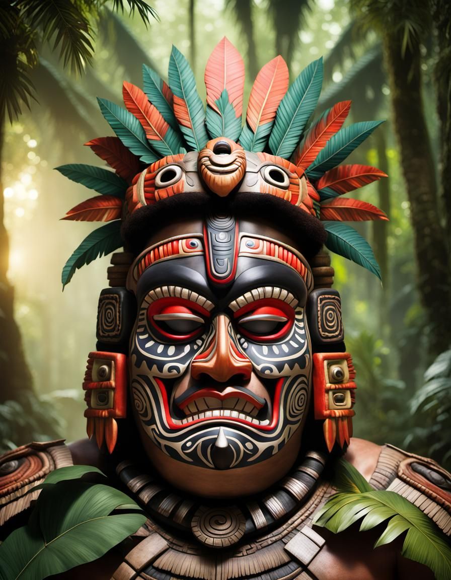 Aztec King in Tiki Mask Portrait
