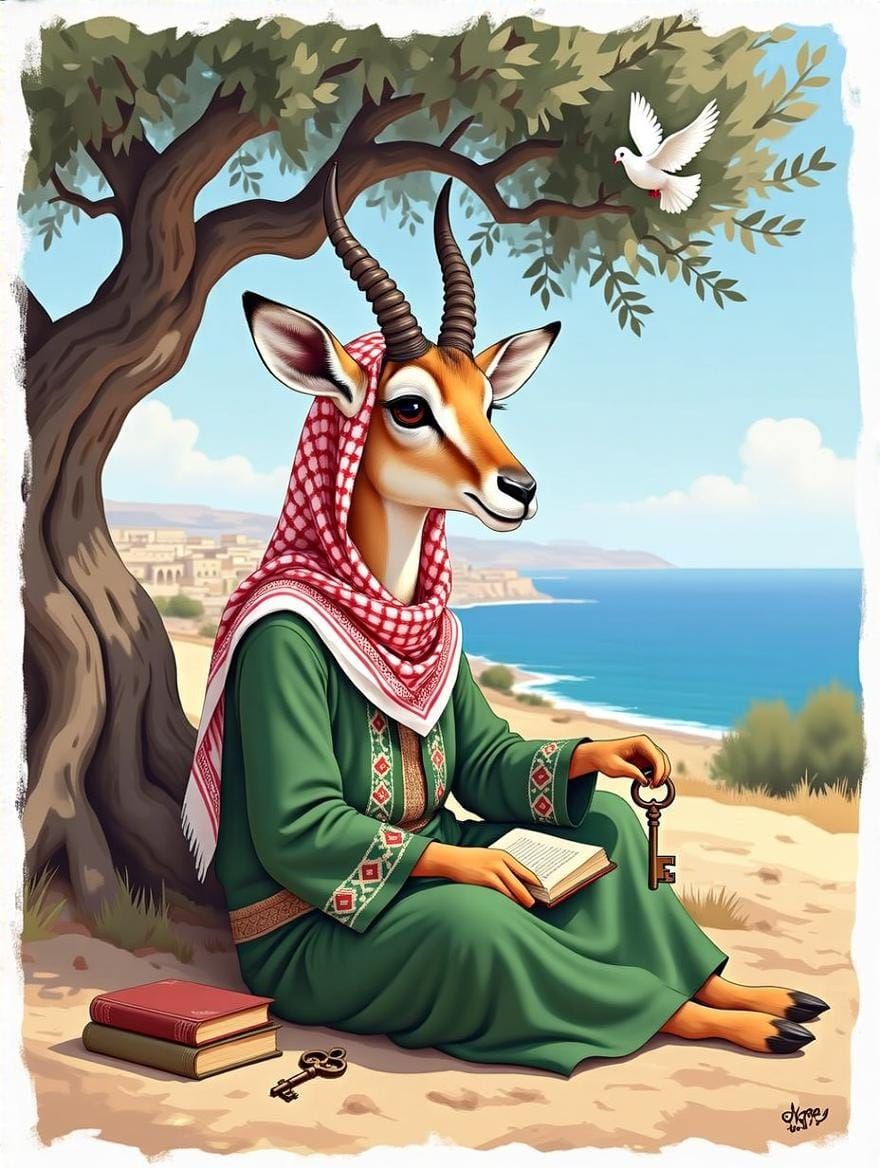 Majestic Gazelle Under Olive Tree in Palestinian Attire