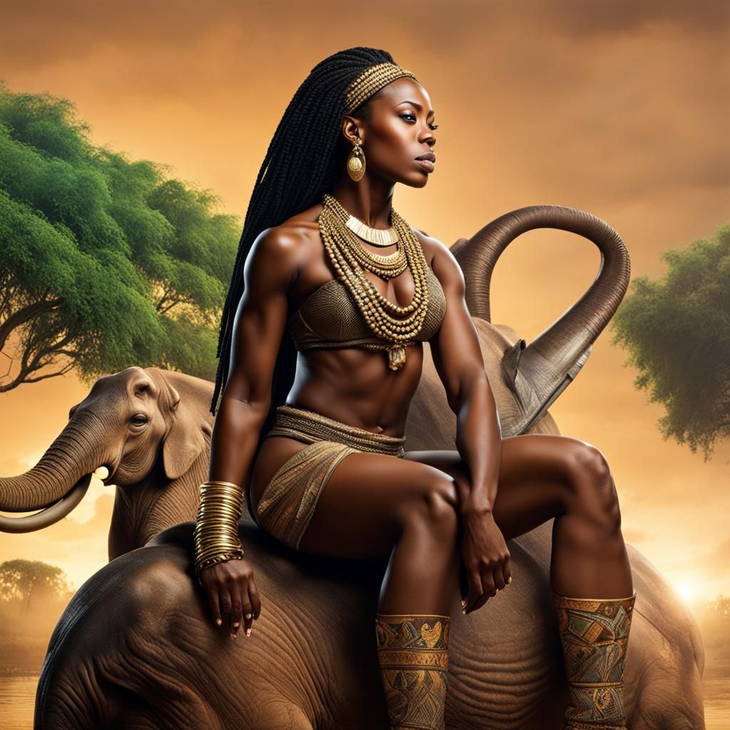 Muscular African Girl on Elephant Trunk