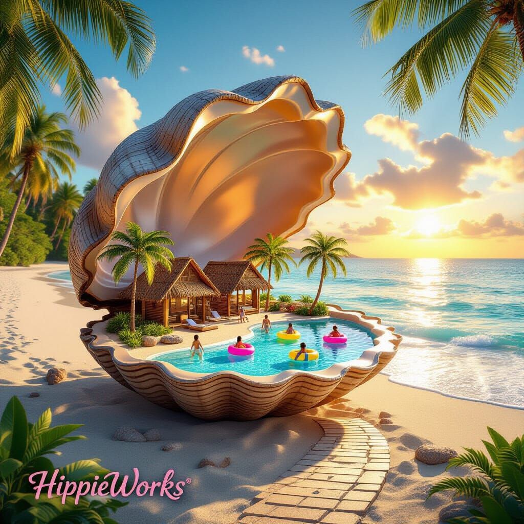Miniature Village Inside Giant Clam Shell on Tropical Beach