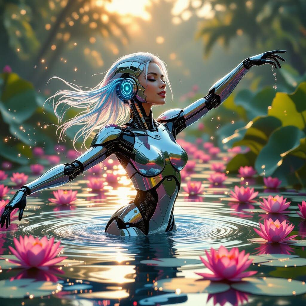Cyborg Woman Dancing in Lotus Pond, Hyperrealistic Digital A...