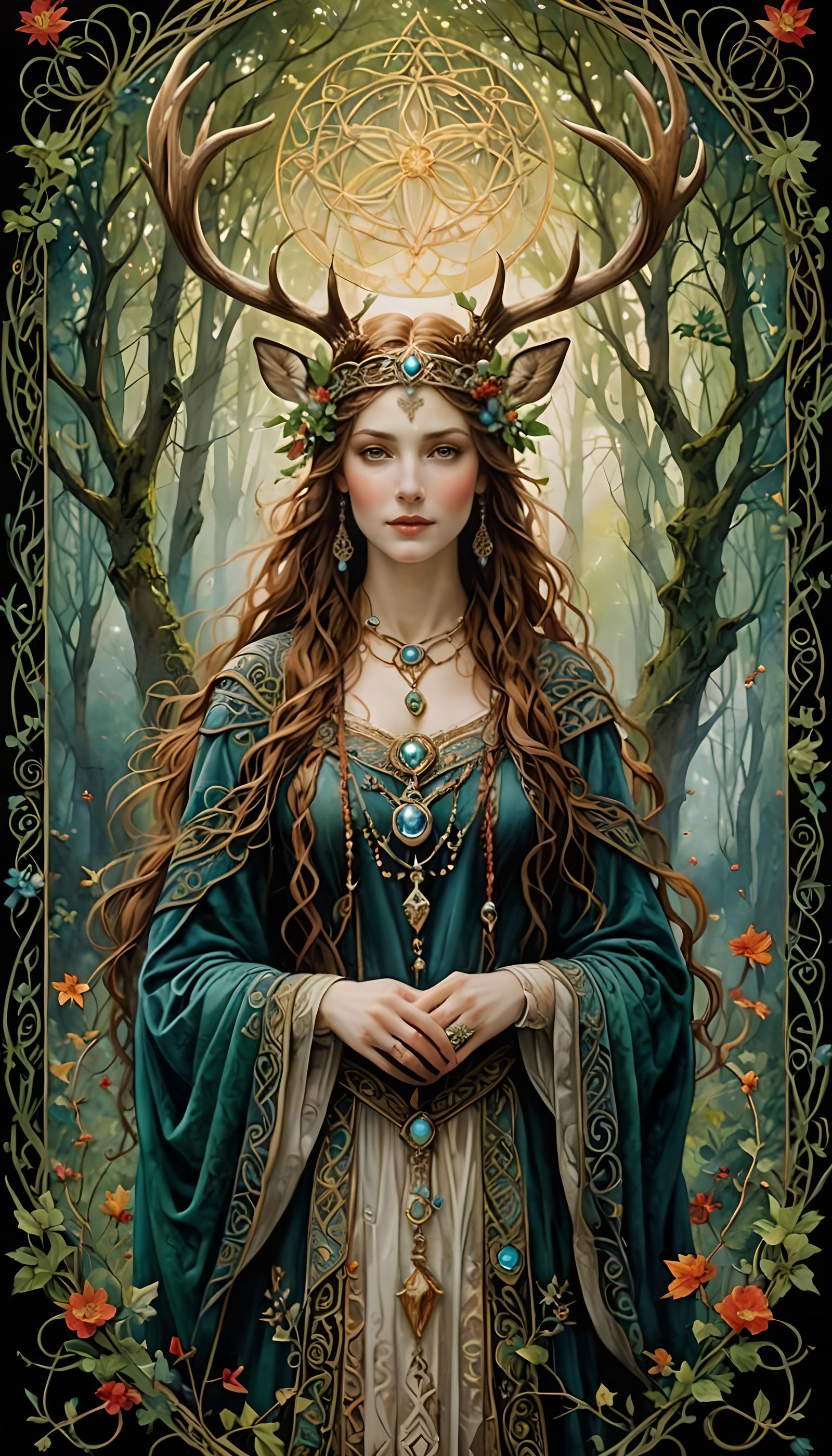 Smiling Druidess with Antlers in Fantasy Tapestry