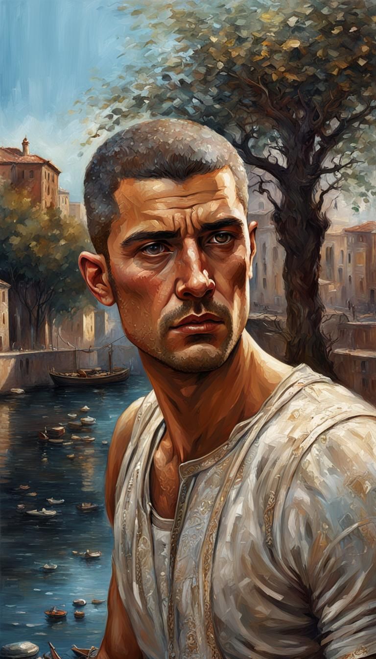 Intricate Portrait of Young Italian Man in Oil Painting Styl...