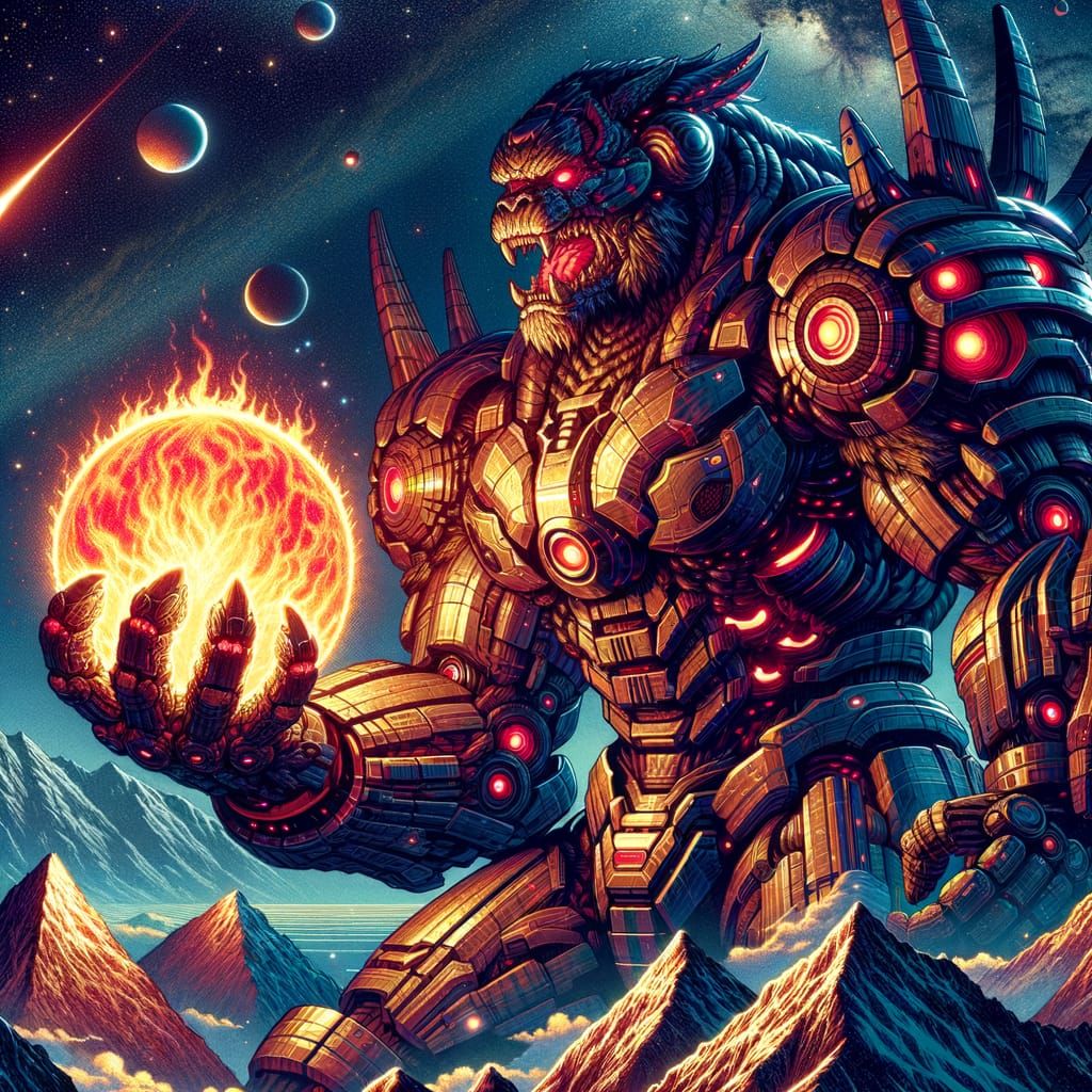 Beastly Warrior Soars Over Mountains with Fire Orbs in Anime...