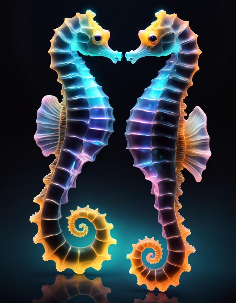 Bioluminescent Seahorse Couple in Deep Ocean