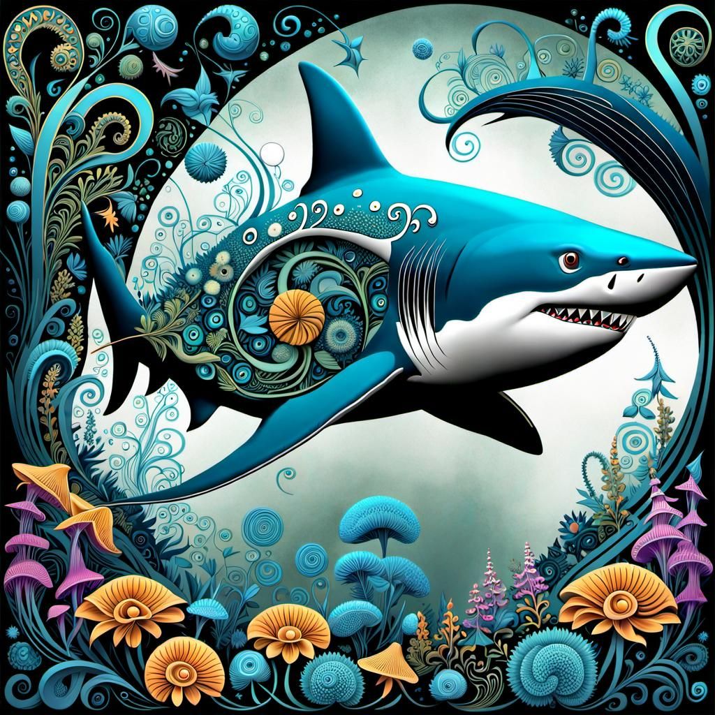 Bioluminescent Shark in Hyperornate Whimsical Forest