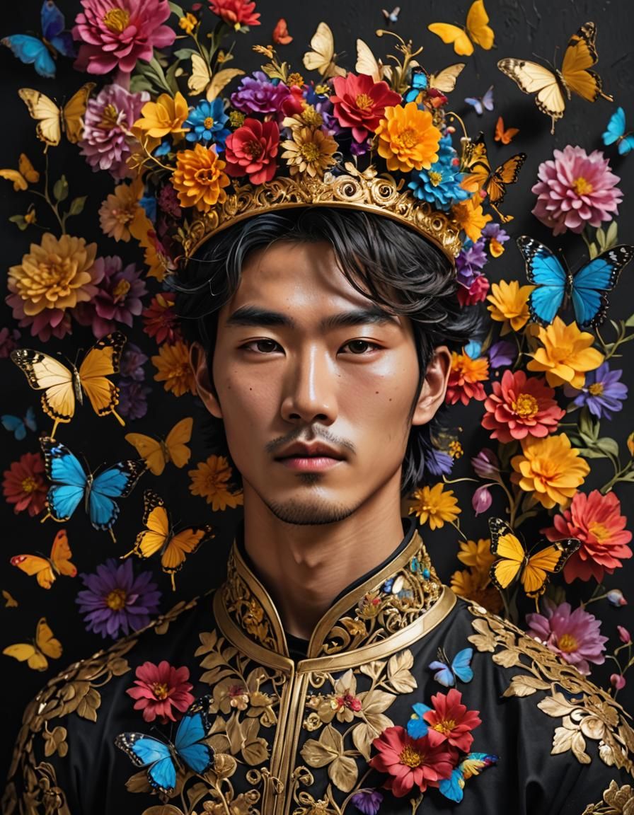 Ethereal Korean Man with Floral Crown, Splash Art