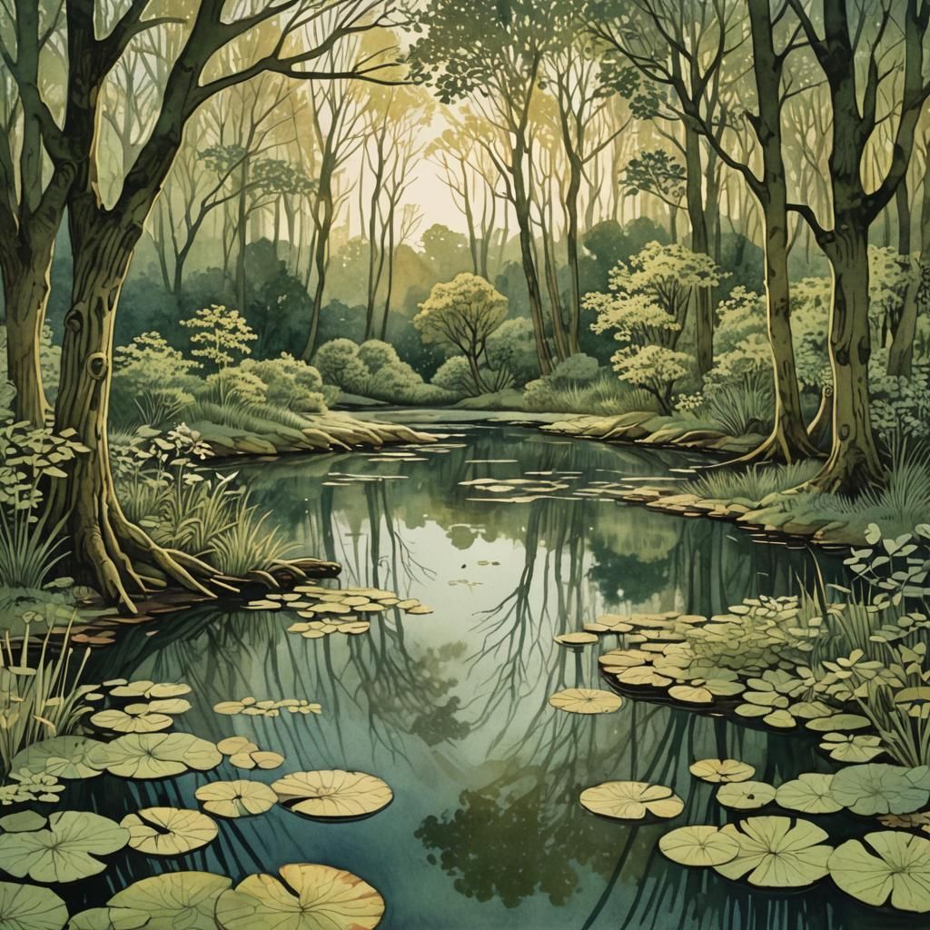 Enchanting Pond in Woodland, Whimsical Woodcut Illustration
