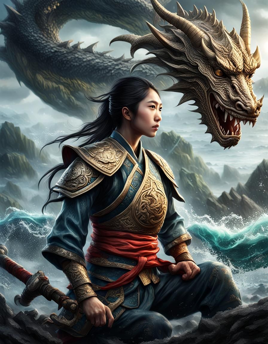 Asian Woman Fighter with Dragon, Digital Art