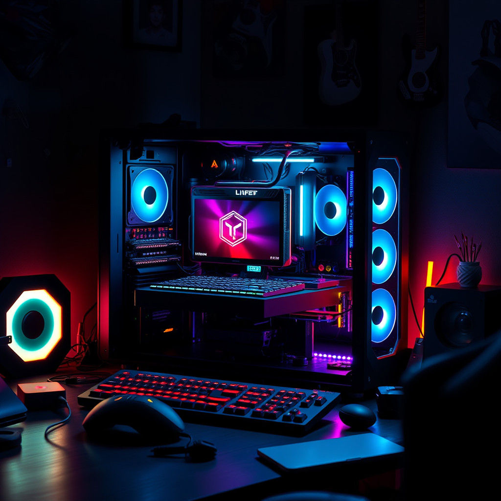 Futuristic Gaming Computer Setup in Cyberpunk Style