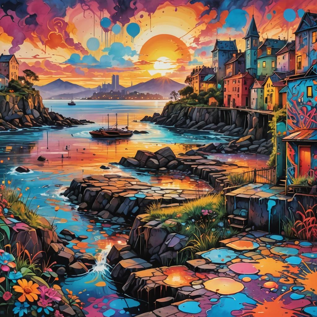 Fantasycore Sunset Over the Bay: Watercolor Painting