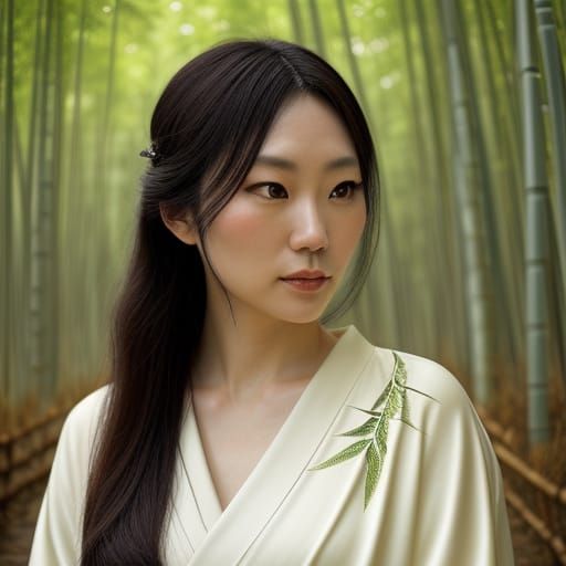 Japanese Woman in Bamboo Forest, Art Nouveau Style