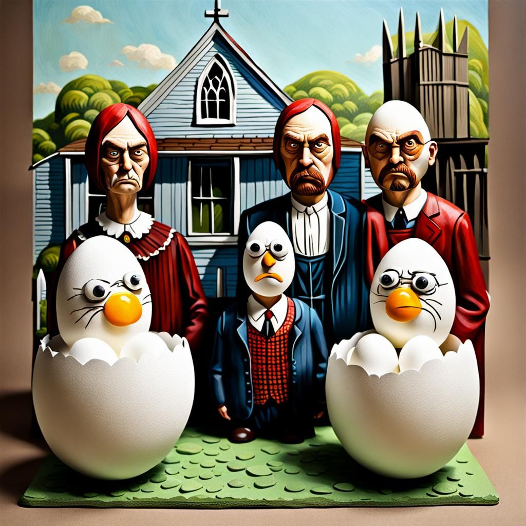 Angry Eggs Recreate American Gothic in 3D