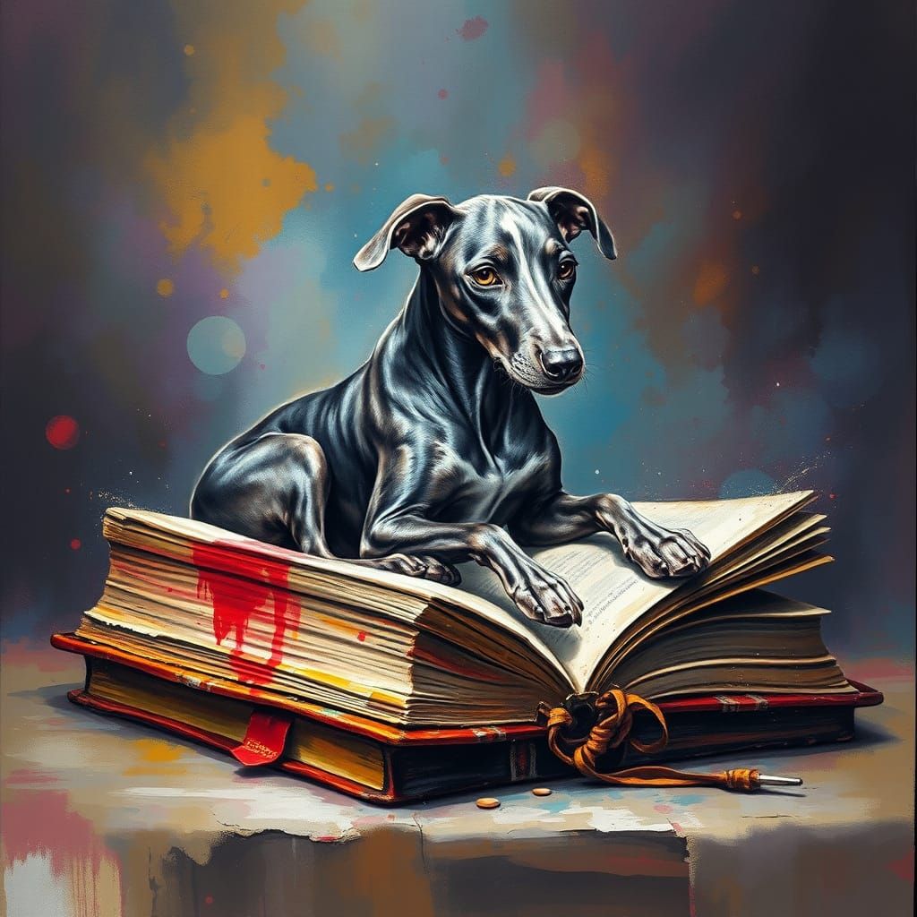 Whippet Dog on Book in Gouache Style