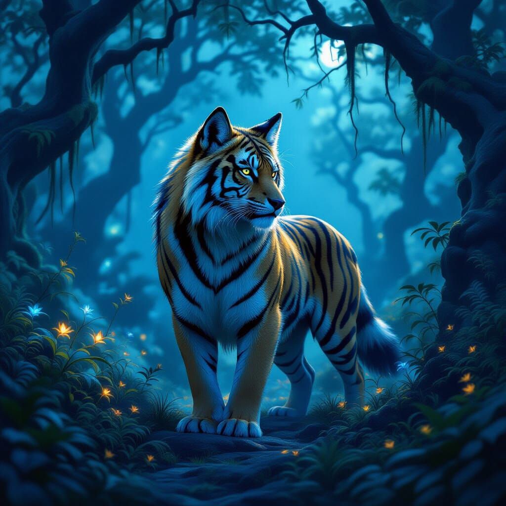 Tiger-Wolf Hybrid in Mystical Twilight Forest