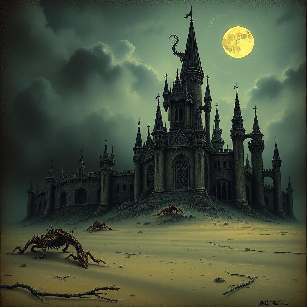 Foreboding Gothic Sand Castle on Moonlit Beach