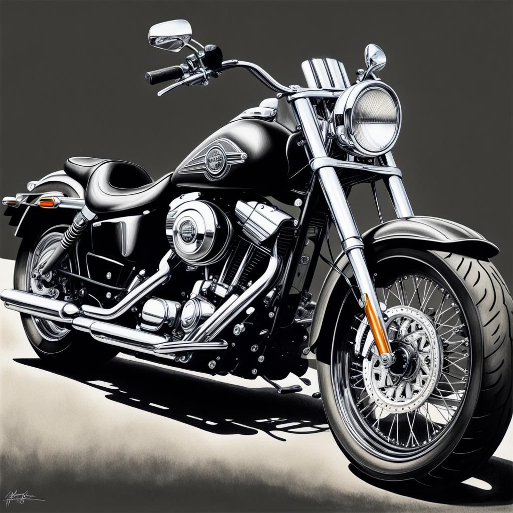 Detailed Charcoal Drawing of a Black Harley Davidson