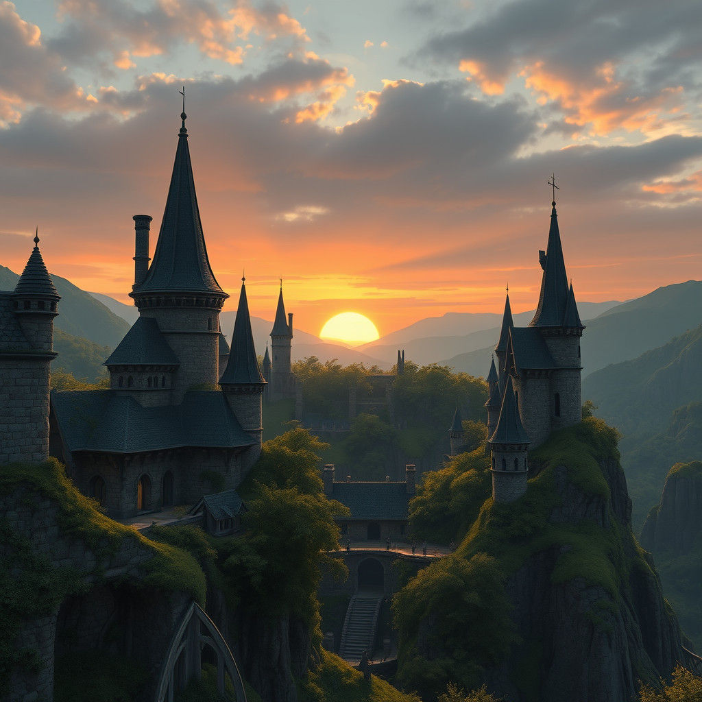 Rivendell Sunset: Elven City in Matte Painting Style