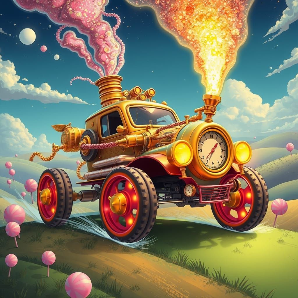 Steampunk Car in Whimsical Landscape, Animated Style