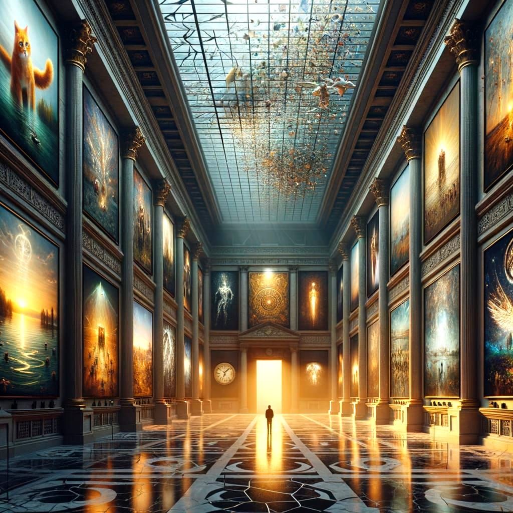 Expansive Museum Hall of Unfinished AI Art