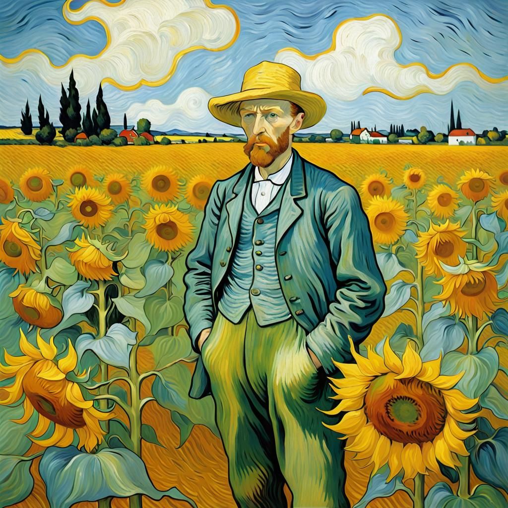 Painter in Sunflower Field: Impressionist Style