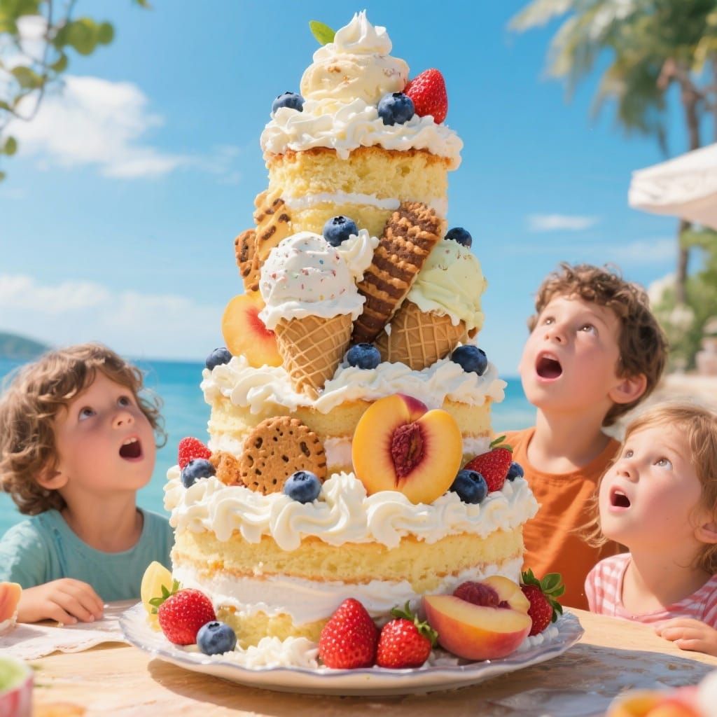 Towering Summer Dessert Cake with Amazed Children