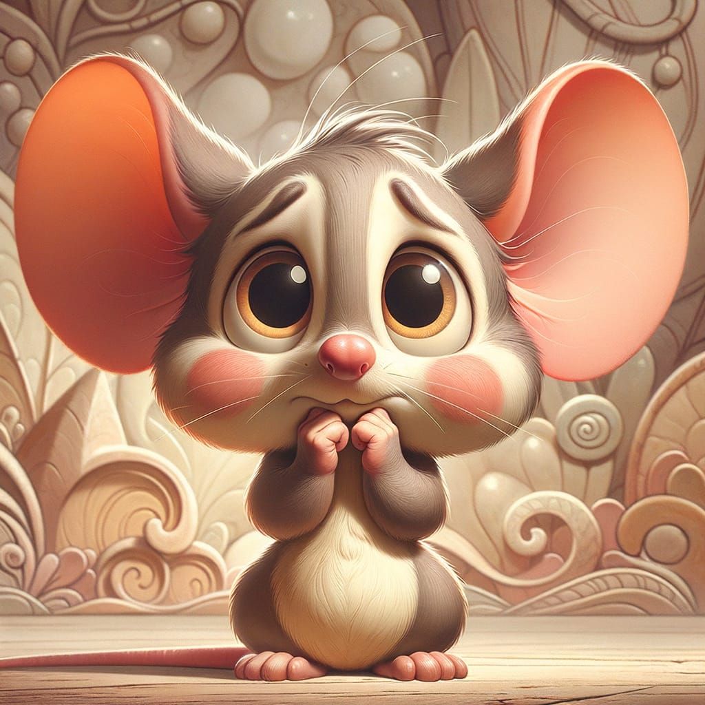 Shy Cartoon Mouse with Big Ears in Pastel Tones
