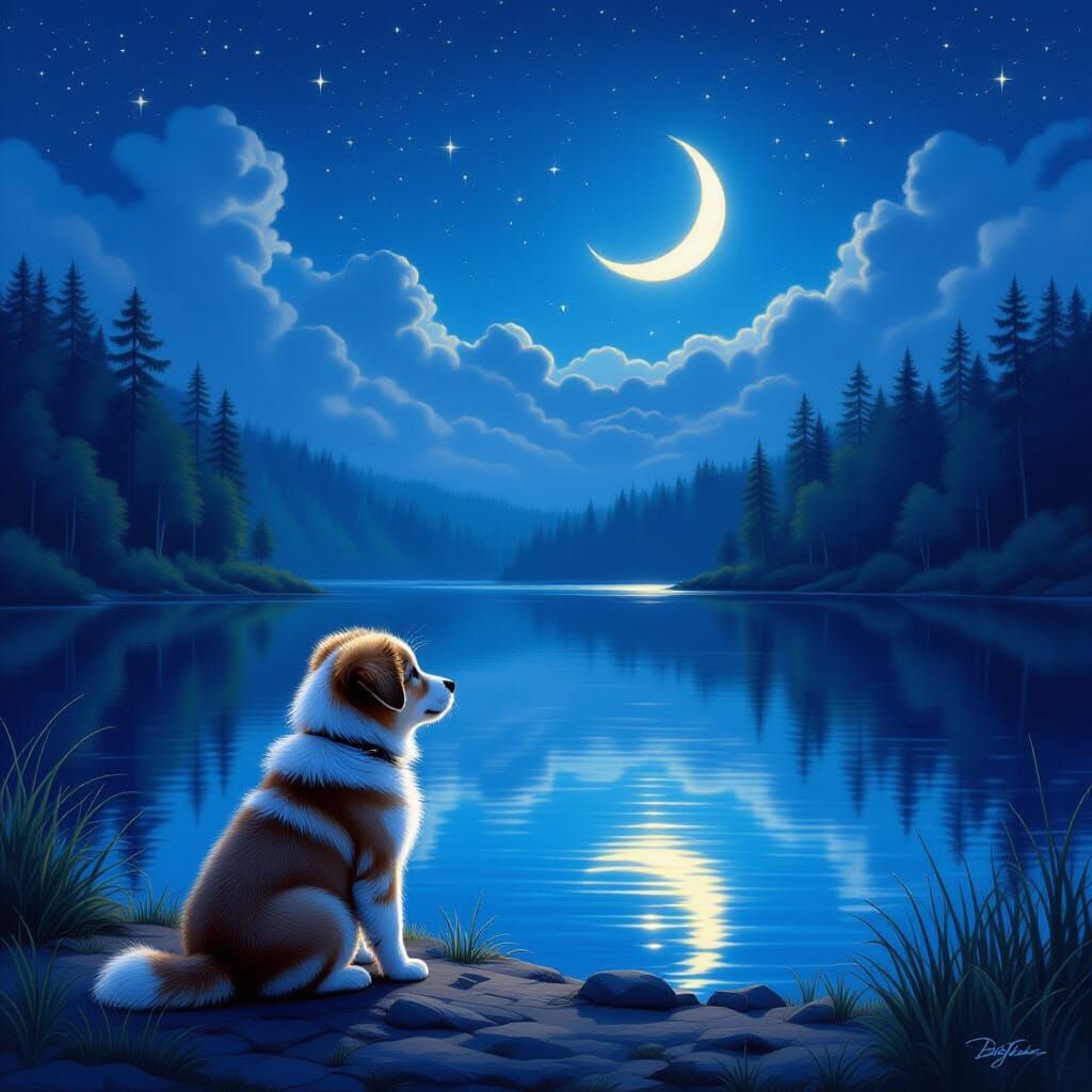 Puppy's Reflection: A Wolf's Future Under Starry Sky
