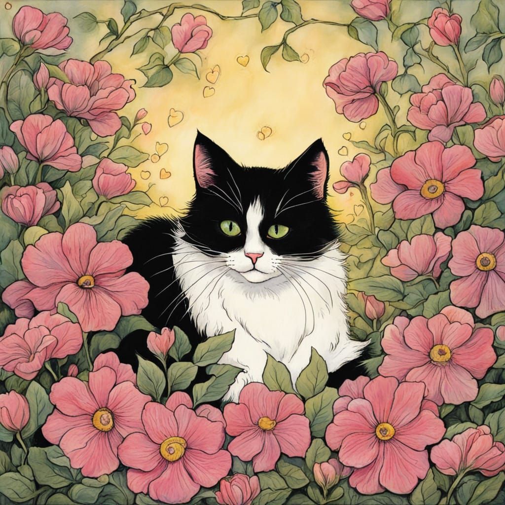 Whimsical Cat Surrounded by Blooming Flowers in a Hand-Drawn...