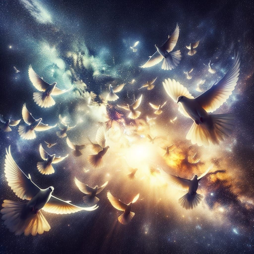 Ethereal Doves Soaring in Starry Night Sky