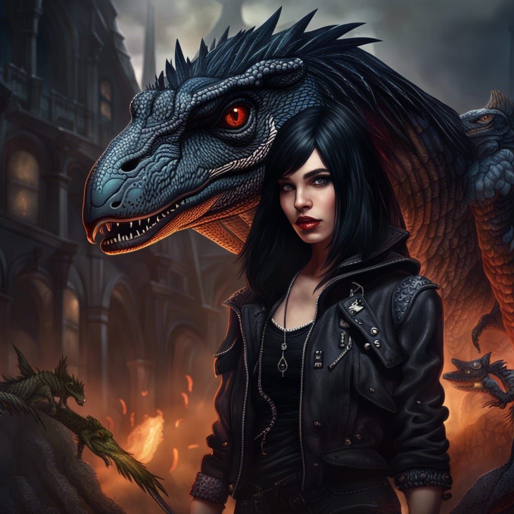 Gothic Girl with Velociraptor: Detailed Matte Painting