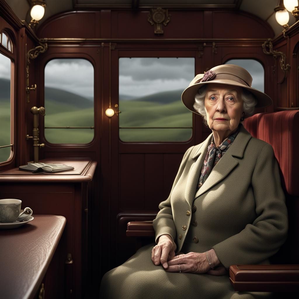 Miss Marple in Train Carriage: Detailed Matte Painting