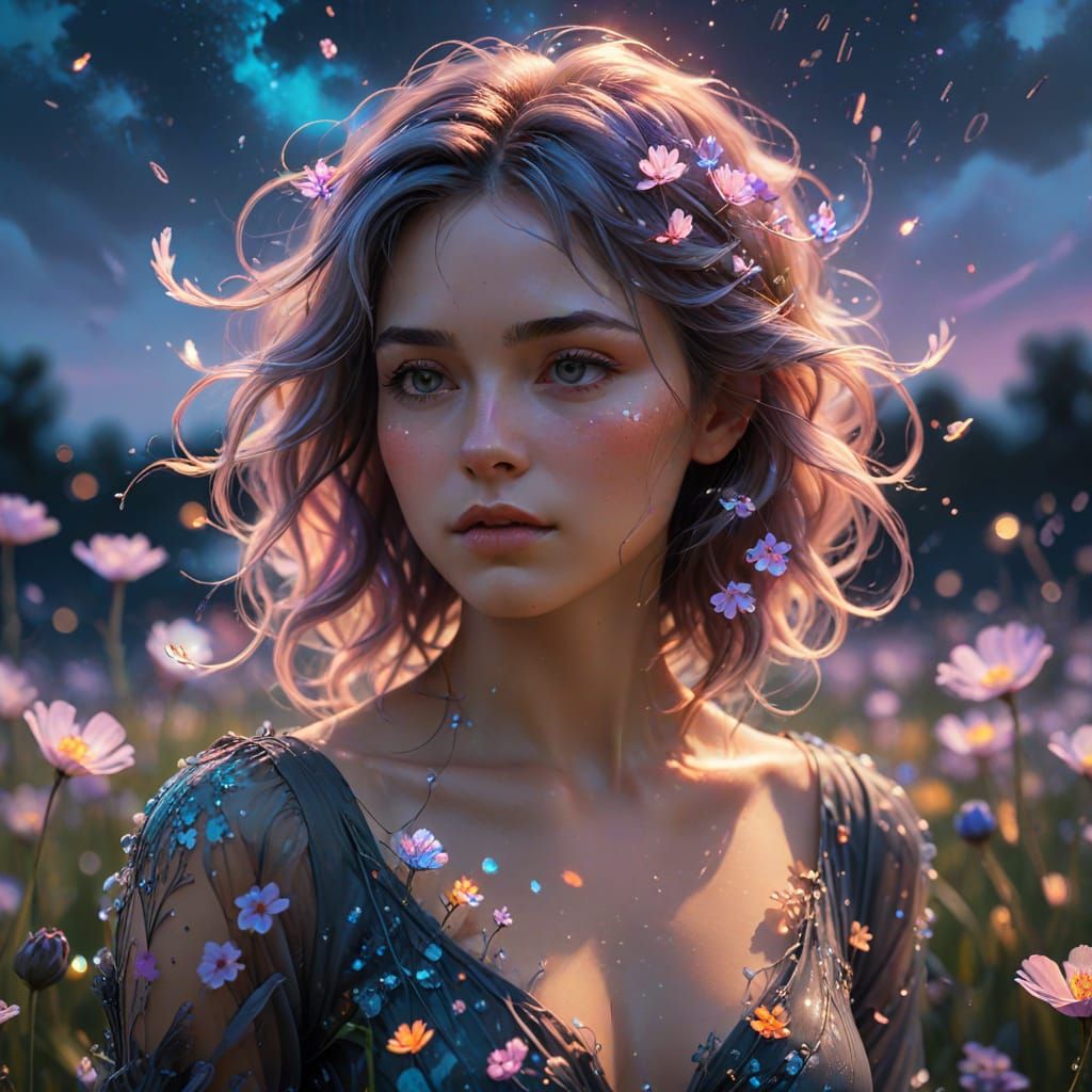 Bioluminescent Flowers Entwined with Woman's Hair