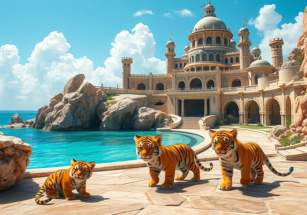 Tiger Cubs Play in Oceanfront Fortress