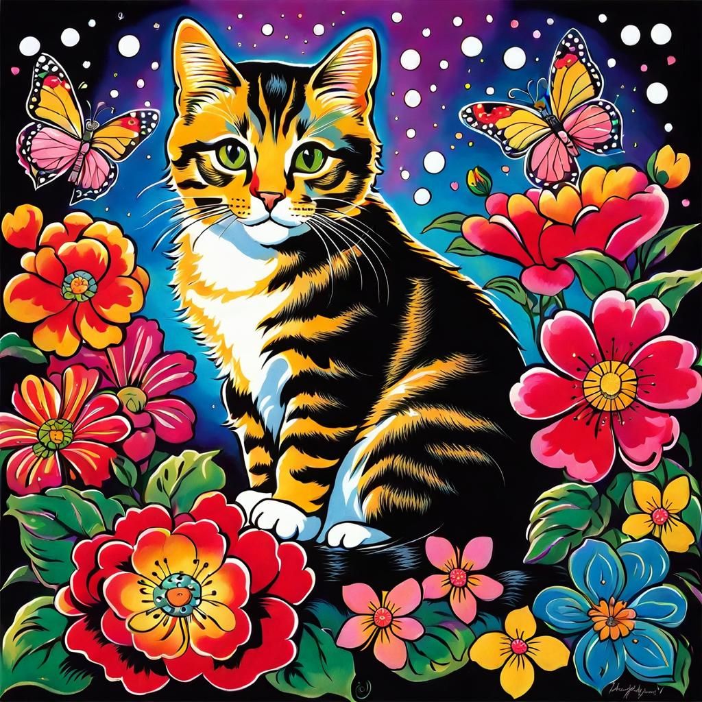 Cute Cat with Flowers in Tattoo Art Style