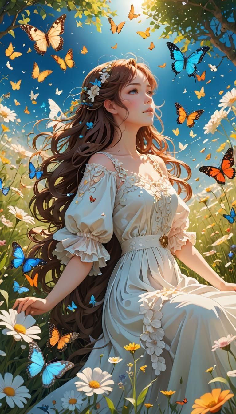 Anime Woman in Meadow Wallpaper, 4K Detail