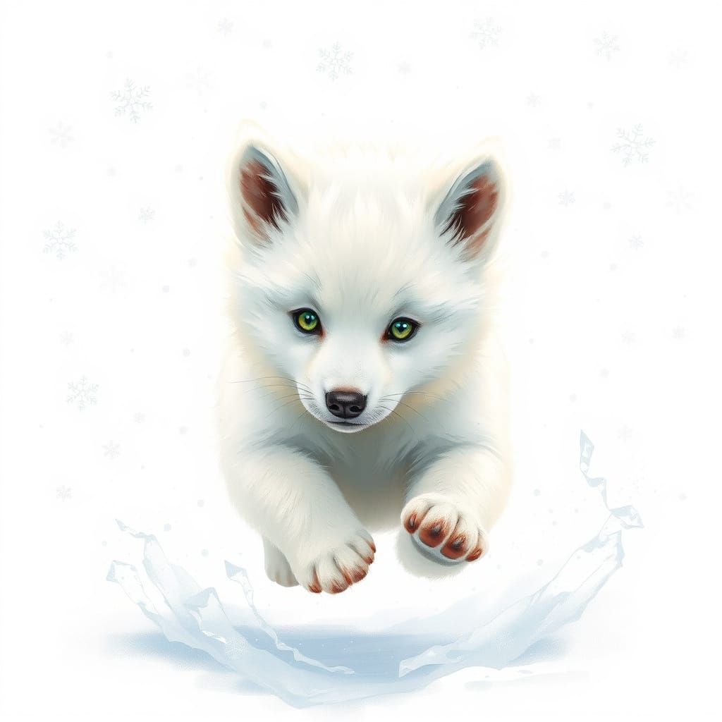 Surreal Winter Wonderland with a Joyful White Wolf Cub