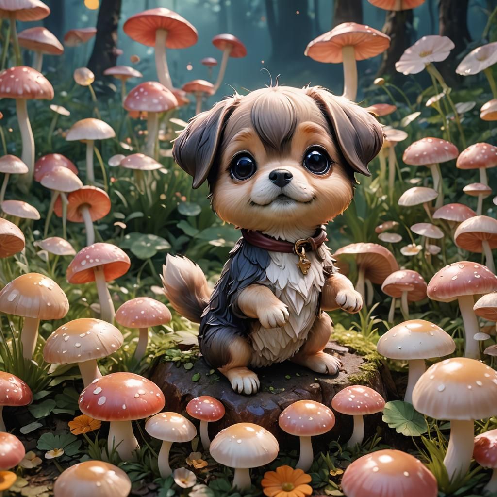 Chibi Dog on Mushroom: Macro Anime Art