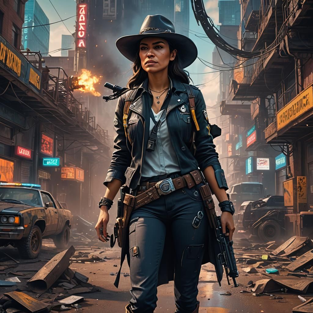 AOC as Cyberpunk Gunslinger in Detailed Matte Painting