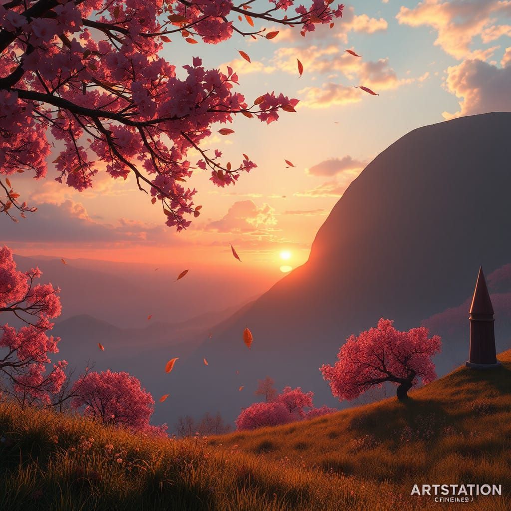 Vibrant Sunset Amidst Falling Blossoms on a Majestic Hill