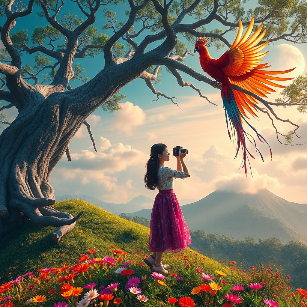 Korean Girl and Phoenix Fantasy Concept Art