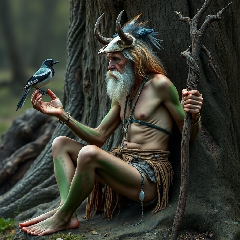 Old Druid with Magpie and Wolf Skull