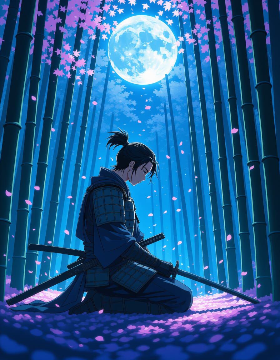 Samurai in Bamboo Forest Under Full Moon