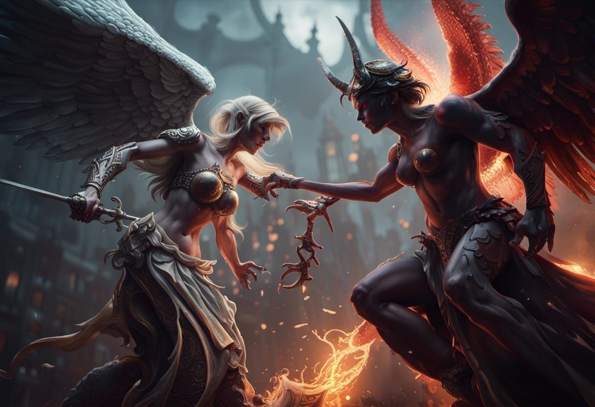Epic Angel vs Demon Battle in Dark Fantasy Style