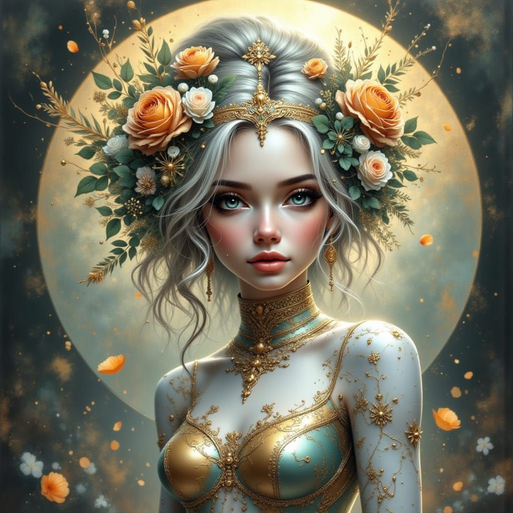 Elf Cyborg Robot with Floral Metal Body in Anime Style