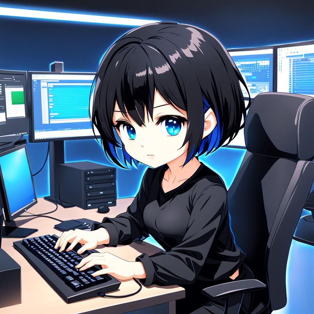 Chibi Girl at Computer, Anime Style