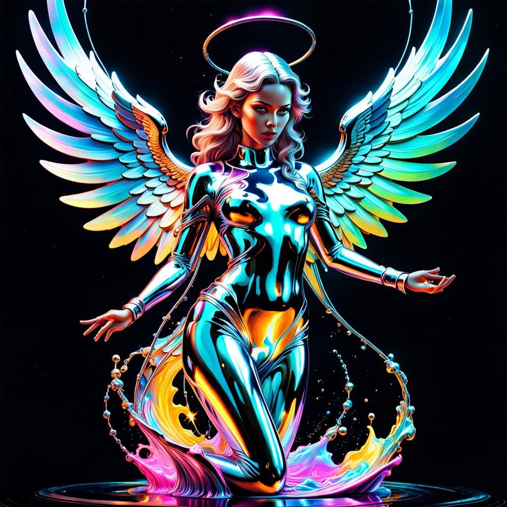Iridescent Liquid Chrome Angel in Cosmic Neon Ambiance