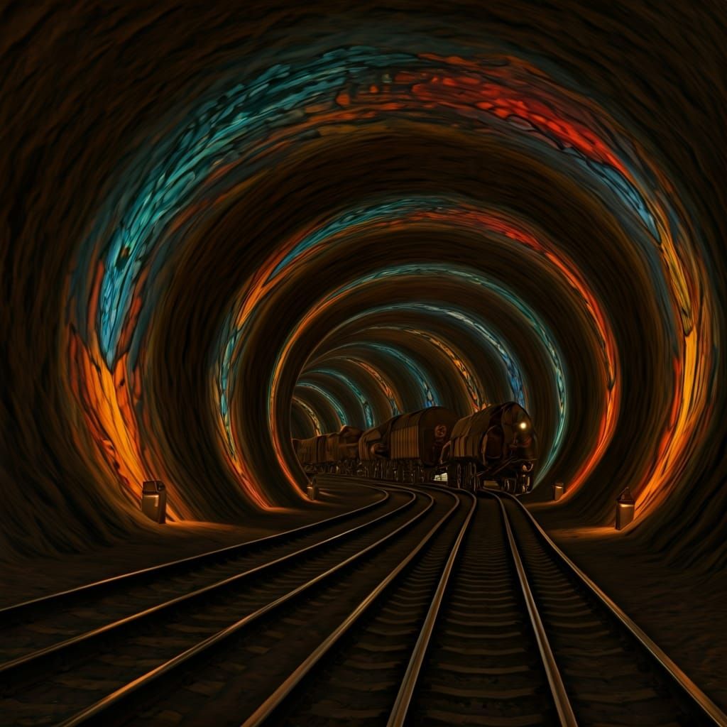 Fantasy Caravan in Illuminated Underground Tunnel